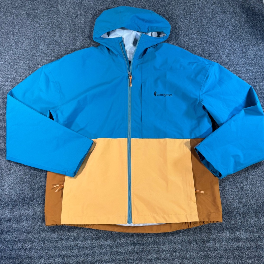 Cotopaxi Teca Rain Jacket Mens Medium Blue Yellow Colorblock Hooded Windbreaker